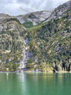 Life covered cliffs dropping into the glacial coloured fjord waters