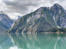 A good view of the edge of the ice field to the left with a narrow band of snow in a vertical crack to the right