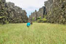 Hikers walking through tall grass in the rift
