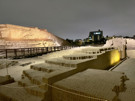 Huaca Pucelana ruins at night from the restaurant