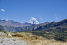 View of Salkantay from top of a pass before dropping into valleys below it