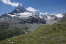 Matterhorn across the valley with glacier dropping into a glacial gravel field between
