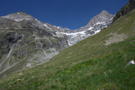 Looking towards the retreating glacier as our trail drops into the valley